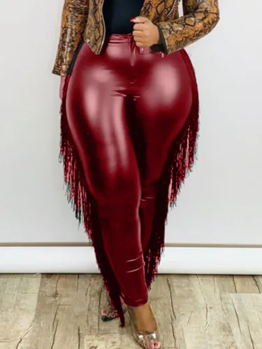 PU Leather Burgundy Plus Size Tassel Pants