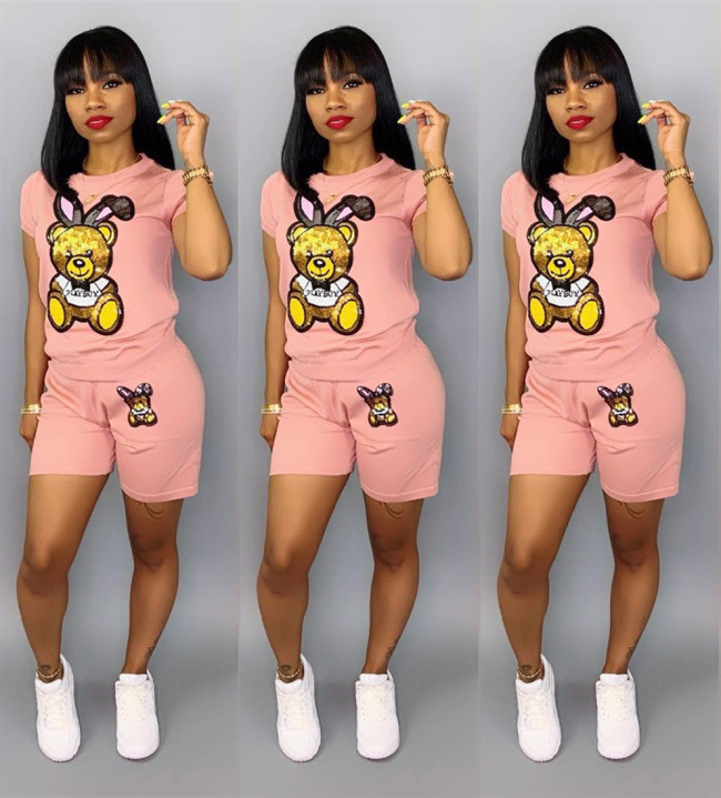 Bear Print Pink Two Piece Shorts Set