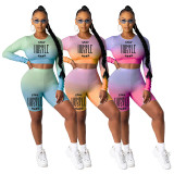 Gradient Green Letter Strechy Two Piece Shorts Set