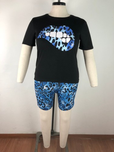 Lip Print Leopard Blue Two Piece Shorts Set