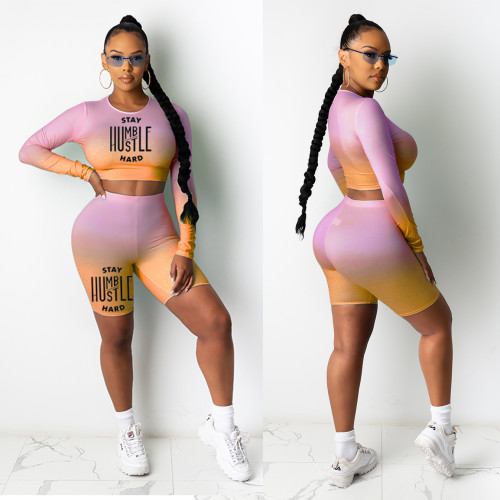 Gradient Pink Letter Strechy Two Piece Shorts Set