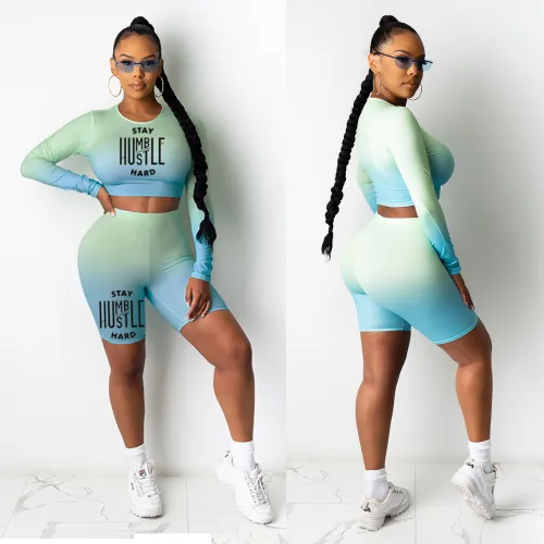 Gradient Green Letter Strechy Two Piece Shorts Set