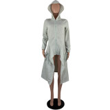 Gray High Low Irregular Zip Up Hooded Long Coat