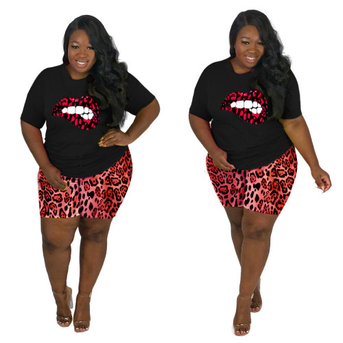 Lip Print Leopard Red Two Piece Shorts Set