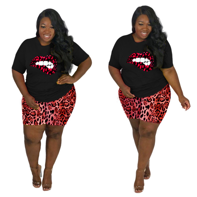 Lip Print Leopard Red Two Piece Shorts Set