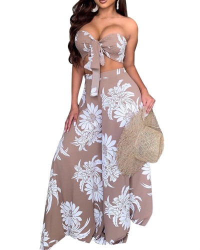Nude Floral Tie Shirred Bandeau Top & Maxi Skirt