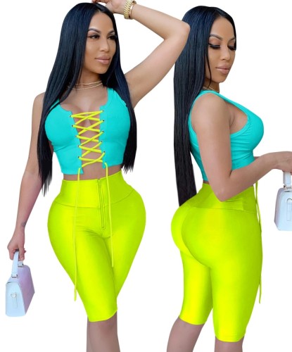 Neon Lime and Cyan Lace-up Crop Top & Zipper Shorts