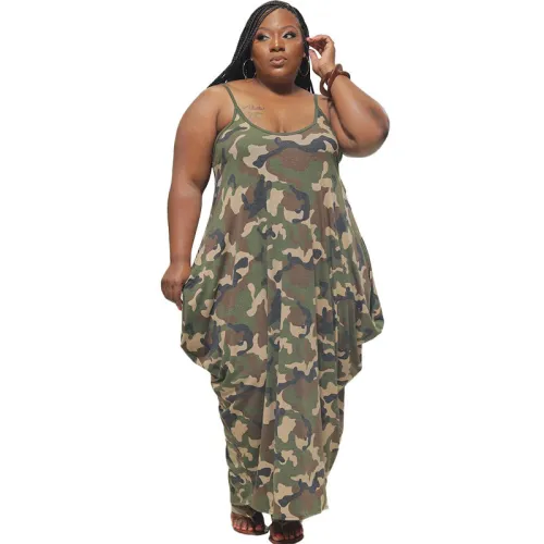 Plus Size Camo Print Loose Straps Dress