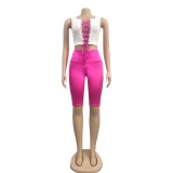 Hot Pink & White Lace-up Crop Top & Zipper Shorts
