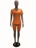 Orange V-Neck Casual Top and Shorts