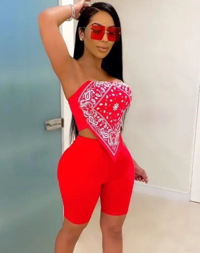 Red Print Bandeau Top & Shorts