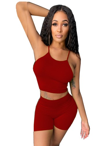 Red Halter Crop Top and Shorts Set