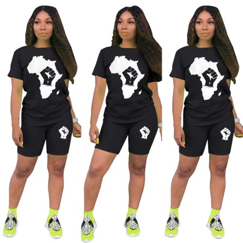 Black Print Casual Top & Shorts