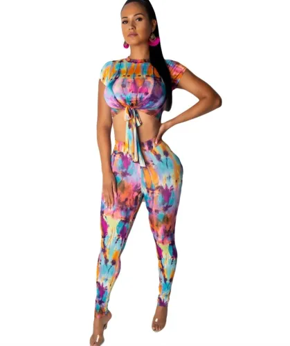Tie Dye Colorful Tie Front Crop Top & Pants