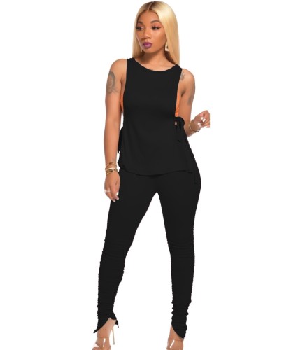 Black Tie Sides Sleeveless Top and Ruched Pants