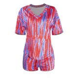 Red Tie Dye Casual Top & Shorts with Face Cover