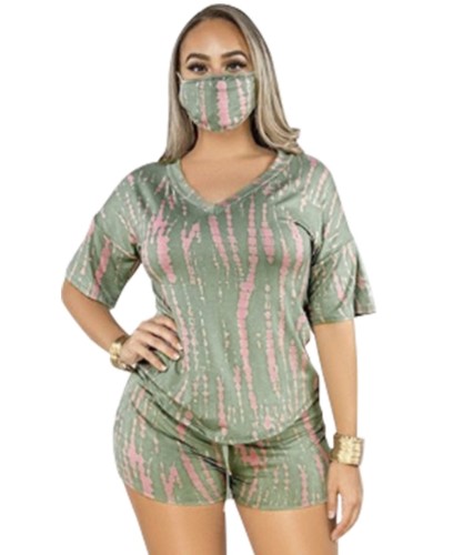 Tie Dye Green Casual Top & Shorts with Face Cover