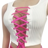 Hot Pink & White Lace-up Crop Top & Zipper Shorts
