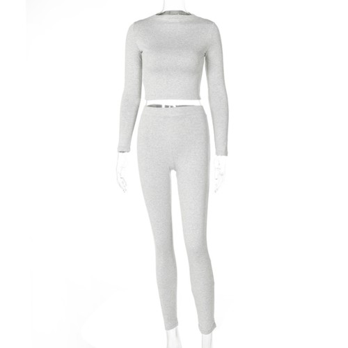 Light Gray Long Sleeves Crop Top and Pants Set