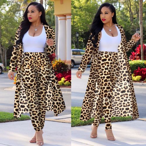 Plus Size Leopard Cardigan with Pants 2PCS Set