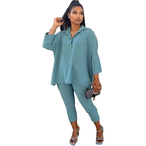 Solid Buttoned Slit Casual Two Piece Pants Set