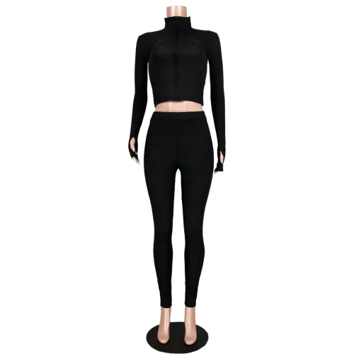 Black Embroidered Letter Zipper Two Piece Pants Set