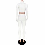 White Ebriodered Letter Zipper Two Piece Pants Set