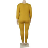 Plus Size Cotton Blends Yellow Two Piece Pants Set