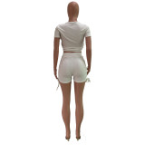 White Ruched Drawstring Two Piece Shorts Set