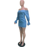 Off Shoulder Bell Sleeve Blue Denim Dress