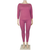 Plus Size Cotton Blends Pink Two Piece Pants Set