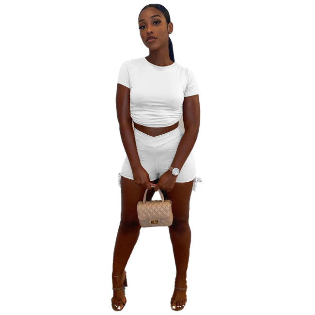 White Ruched Drawstring Two Piece Shorts Set