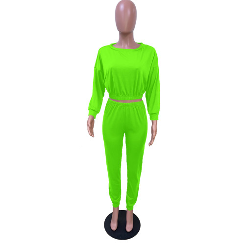 Neon Green Waist Hem Casual Two Piece Pants Set