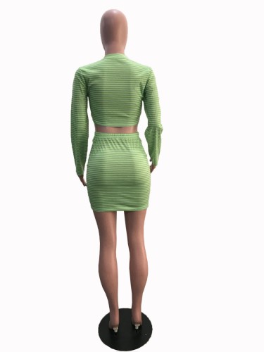 Green Striped Long Sleeves Crop Top & Mini Skirt Set