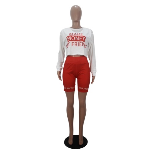 Red Letter Print Long Sleeves Crop Top & Shorts