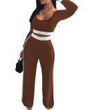 Brown Scoop Neck Contrast Binding Top & Pants Set