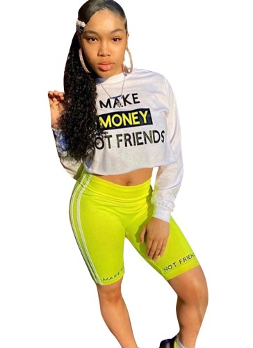 Letter Print Long Sleeves Crop Top with Lime Shorts