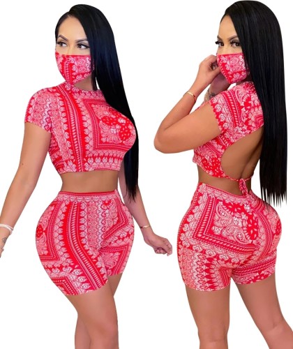 Red Tribal Print Tie Back Top & Shorts with Face Cover