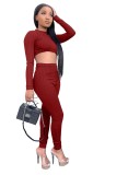 Red Knitted Crop Top and High Waist Legging Set
