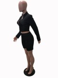Black Zipper Long Sleeve Crop Top & Shorts Set