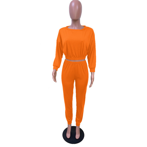 Orange Waist Hem Casual Two Piece Pants Set