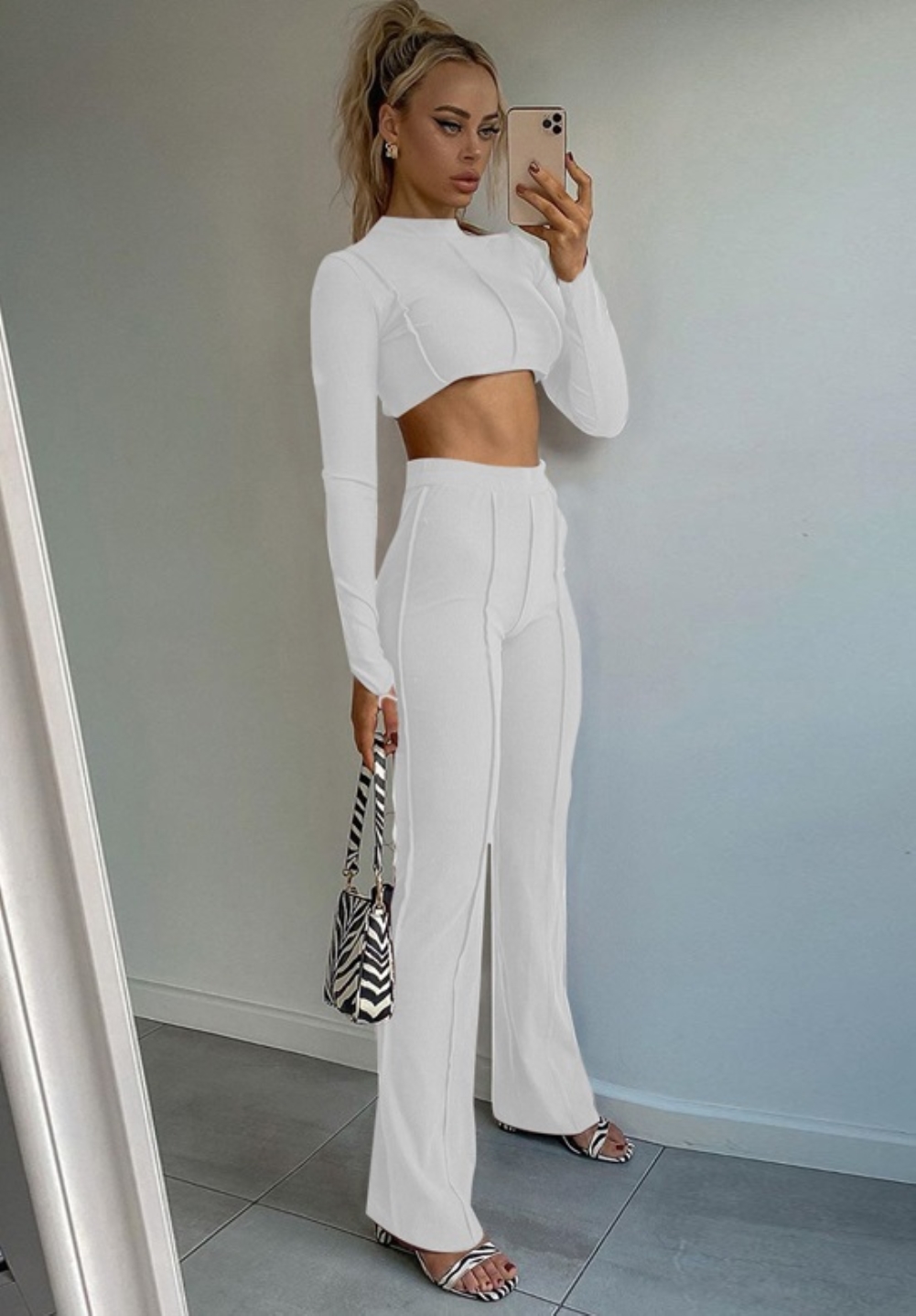 white crop top and pants set