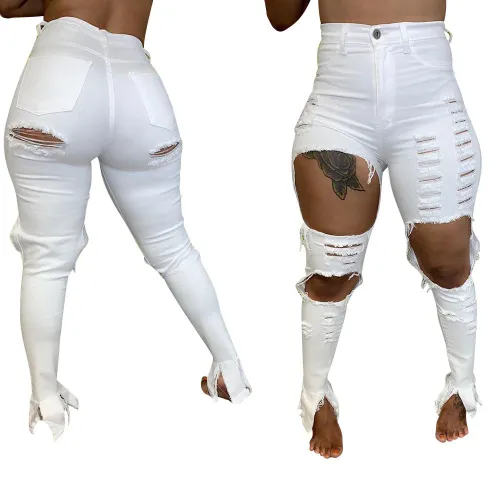 White Plus Size Strechy Ripped Holes Fashion Jeans