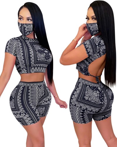Black Tribal Print Tie Back Top & Shorts with Face Cover