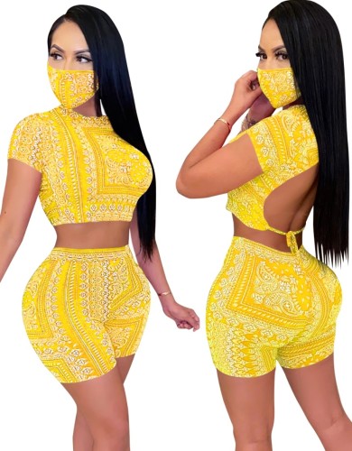Yellow Tribal Print Tie Back Top & Shorts with Face Cover