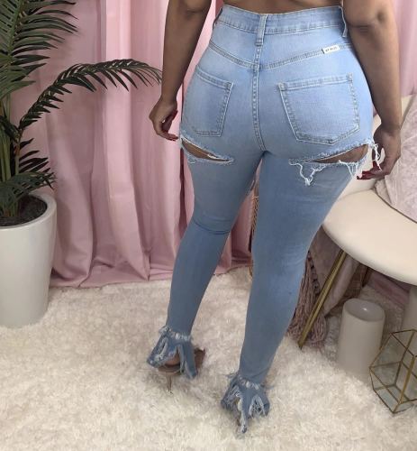 Light Blue Plus Size Strechy Ripped Holes Fashion Jeans