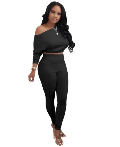 Black O-Neck Casual Crop Top and Legging Set