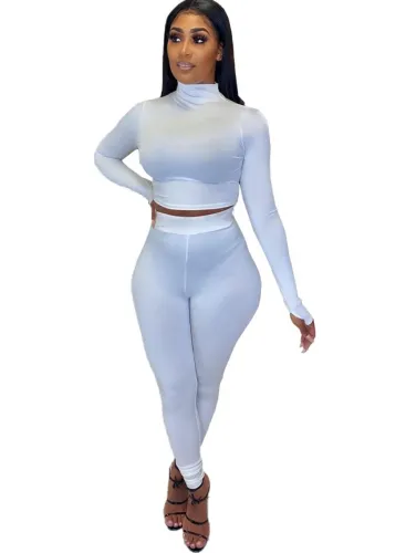 White Mock Neck Crop Top & Pants Set
