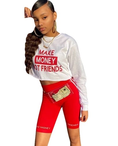 Red Letter Print Long Sleeves Crop Top & Shorts