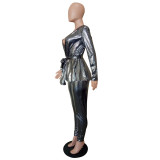 Metallic Silver Blazer and Pants Set